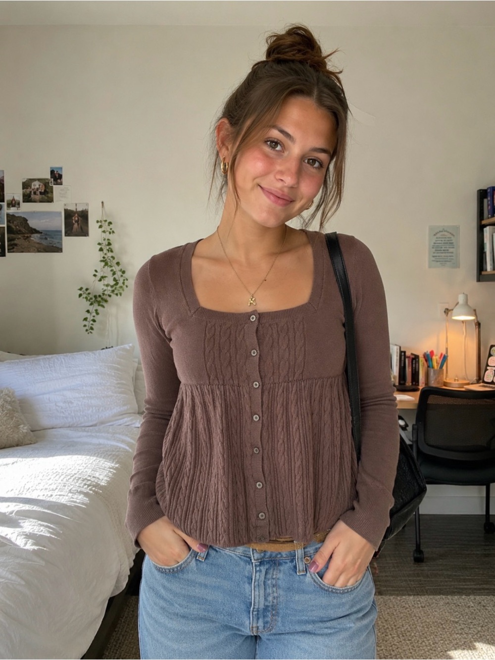 Hollister Chocolate Brown Button-Front Square Neck Knit Top